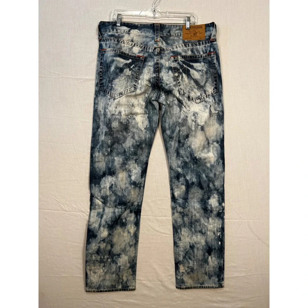 True Religion Mens Section Slim Acid Wash Blue White Denim Jeans Size 34 x 33
